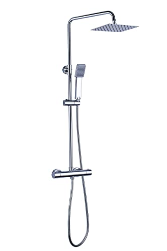 Columna de ducha MOL con grifo termostático y tubo redondo extensible de 80 a 120 cm. Rociador y ducha de mano cuadrados, acabados cromados. Repuestos originales