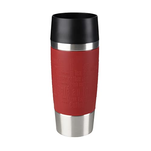 Emsa Travel Mug - Taza térmica de 0.36 l, mantiene calor 4 h y frío 8 h, acero inoxidable con base antideslizante y zona de agarre de silicona con letras grabadas, color rojo