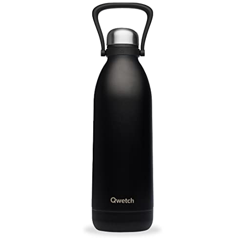 Qwetch - Botella Isotérmica Grande Matt - Negro 1,5L - Botella de Acero Inoxidable - 48h Frío y 16h Caliente - Hermética, Sin BPA - Botella con Asa de Transporte - Para la Familia y el Picnic