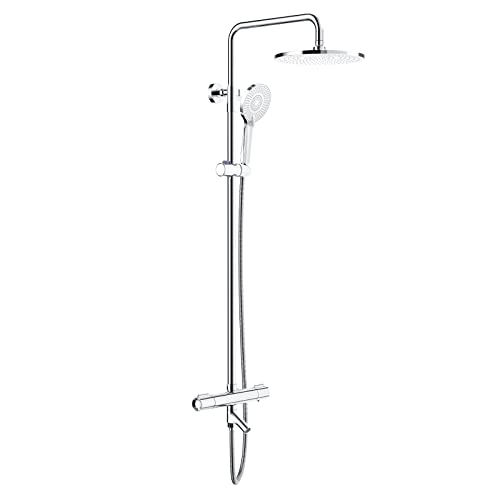 Rainsworth Columna de ducha con termostato para bañera, rociador de 30cm, teleducha de 5 chorros, set de ducha regulable en altura con termostato, cromo