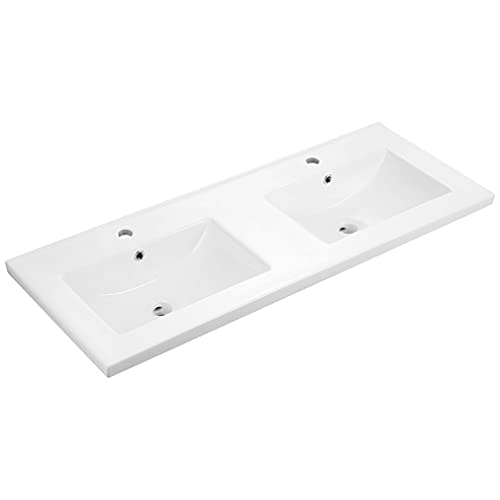 Lavabo Integral Cerámico DOBLE SENO 121x46cm Blanco. Encimera Lavabo de Baño Rectangular Blanca. Con Rebosadero y Orificio de Grifo.