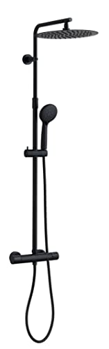 Edouard Rousseau - Columna de ducha Hiramé - 3 chorros, cabezal de ducha orientable, brazo telescópico giratorio - Seguridad antiquemaduras - Flexible 1,50 m - Negro