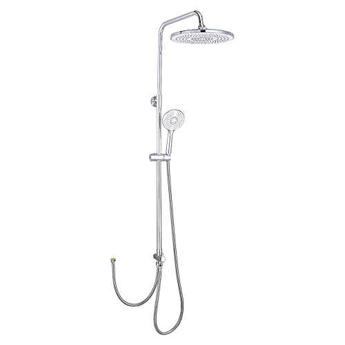 Plumbsys Conjunto de ducha,sencillo Sistema de ducha, ducha de cabeza redonda de 9.5 pulgadas, ducha de mano con limpieza automática, altura ajustable, Cromo