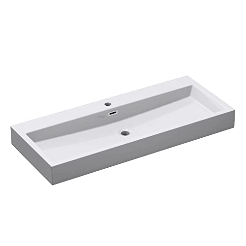 Mai & Mai Lavabo de Pared Blanco Brillante con Rebosadero col06 Lavabo sobre Encimera Rectangular de Fundición Mineral con 1 Orificio para Grifo 100x42x10cm