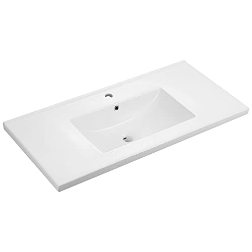 Lavabo Integral Cerámico Blanco. Encimera Lavabo de Baño Rectangular Blanca. Seno centrado. Medidas disponibles, 101cm de Ancho y 46cm de Fondo. Con Rebosadero y Orificio de Grifo.