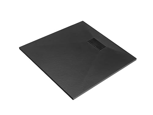 VBChome Plato de ducha SMC 80 x 80 cm, negro, sifón, plato de ducha cuadrado plano, SMC, estable, moderno, elegante + Viega Tempoplex
