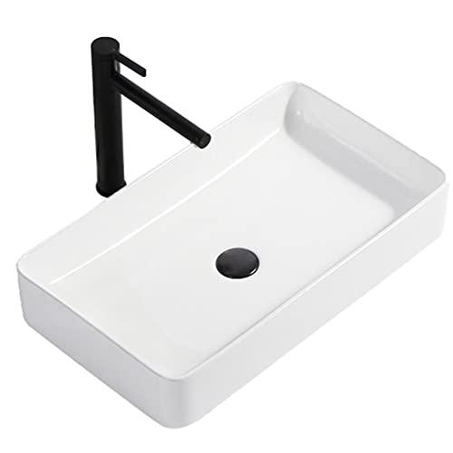 Lavabo Cuadrado de Cerámica Para Cuarto de Baño,Lavabo Sobre Encimera,Lavabo de Cerámica de Un Orificio Cuadrado Simple Borde Negro,con Grifo Giratorio y Un Juego Completo de Accesorios,blanco