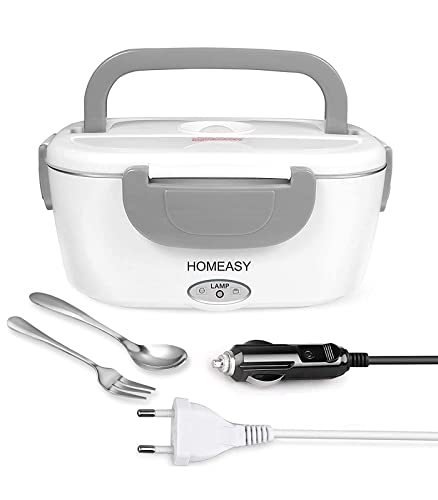 homeasy Fiambrera Eléctrica 12V 220V, Calentador de Comida Portatil para Coche y Trabajo, 1.5L Termo para Comida con Tenedor y Cuchara Acero Inoxidable, Pefecto para el Hogar, Oficina y Viaje(Gris)