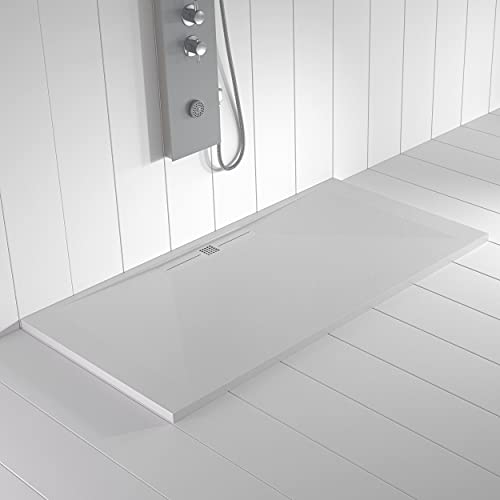 Shower Online Plato de ducha Resina WIDE -90x90 - Textura Pizarra - Antideslizante - Todas las medidas disponibles - Incluye Rejilla Color Blanco y Sifón - Blanco RAL 9003