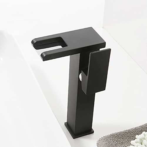 ZYCDP Grifo Baño Cascada led, Grifo Baño de Acero Inoxidable con Agua Fría y Caliente Disponible, Grifo de Lavabo con 3 Colores Cambiantes, Grifo Monomando Lavabo laton, negro, alto