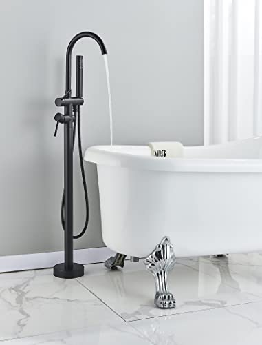 fyheast Grifo bañera independiente Grifo de llenado de baño Soporte de piso de manija única negro con ducha de mano