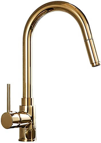 FBBSZSD Grifo de Agua, Grifo de Fregadero de Cocina, manija única Que Gira 360 Compatible con fregaderos Dobles. Grifo Lavabo Extraíble Latón Dorado, Grifos Agua Fría y Caliente, Muy Durad