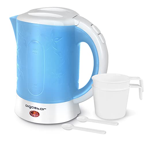 Aigostar Travel Hervidor de Agua Eléctrico Compacto de 0,6 Litro, Libre de BPA, 650W Hervidor Agua Pequeño, Incluye dos tazas y dos cucharas de regalo, Filtro Antical, Apagado Automático, Azul