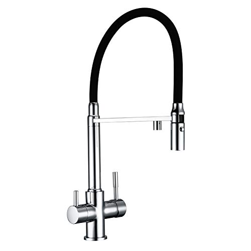 Grifo de cocina fregadero extraible Grifo de cocina de agua limpia de 3 vías con rociador Osmosis giratoria Reversa Tri-flow Pull Down Mezclador de fregadero de cocina Grifo de Latón Moderno,Negro