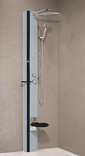 Columna de ducha Novellini Line 1 hidromasaje hidro equipada mezclador termostático Color Silver banda estante asiento negro mate tamaño 22 x 57,5 x 215 cm