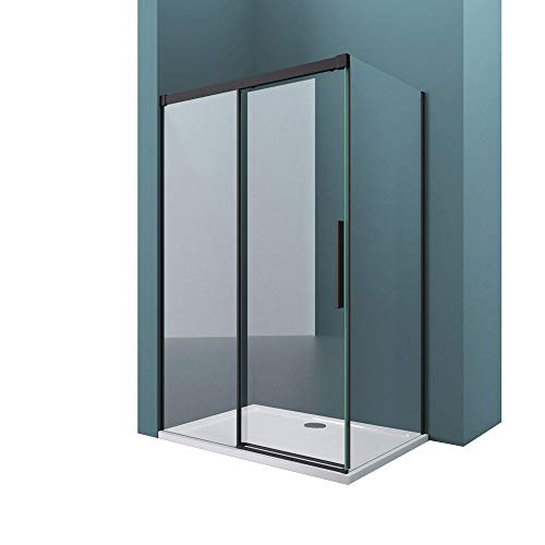 Mai & Mai Mampara de ducha esquinera negra con puerta corredera 80x100x195cm vidrio de seguridad transparente con cierre suave, montaje: entrada derecha e izquierda R12