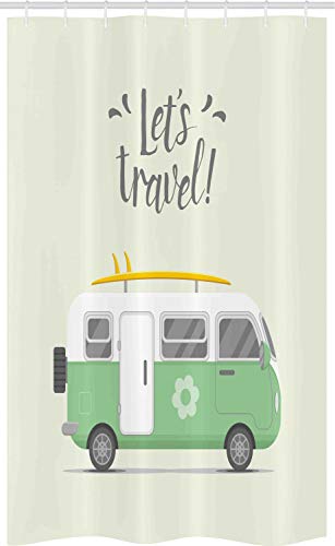 ABAKUHAUS Camper Cortina para baño, Vamos a Viajar Mensaje, Tela con Estampa Digital Apta Lavadora Incluye Ganchos, 120 x 180 cm, Marfil pálido Amarillo Verde