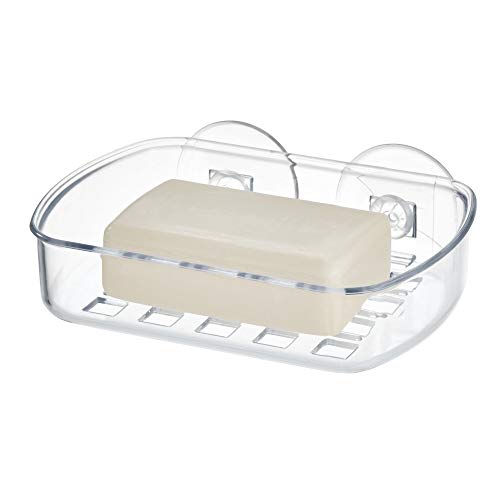 iDesign Basic Jabonera de pared, estante para ducha para jabón en plástico con dos fuertes ventosas de fijación, transparente