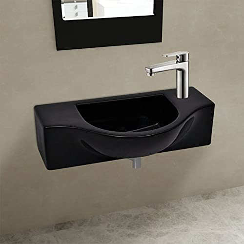 Lavabo de cerámica con orificio de grifo/desagüe, JUNZAI Lavabo Sobre Encimera, Lavabo Baño, Muebles De Baño, Mueble Lavabo, negro