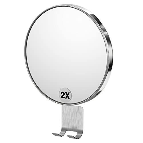 Espejo Ducha Afeitado Antivaho, Adsorción Magnética, Aumento 2X Espejo de Baño o Maquillaje de Pared, con un Gancho Adhesivo para Pared, Fácil de Instalar, Rotación 360° |Ronda |Cromo