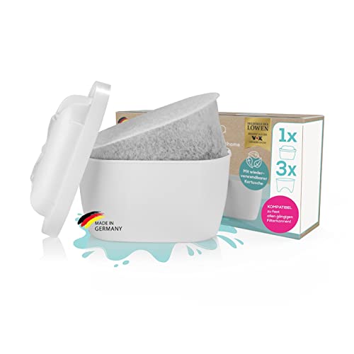 Yucona®. Filtro de agua Starter-Kit - 3 filtros con cartucho | Cartucho de filtro de agua reutilizable, 96% de ahorro de plástico, carbón activado hecho de cáscaras de coco | Made in Germany