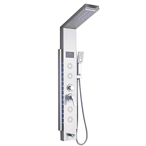 Huin Grifo de ducha de baño Grifo mezclador de bañera de columna de panel de ducha LED con pantalla de temperatura de ducha de mano-Níquel cepillado