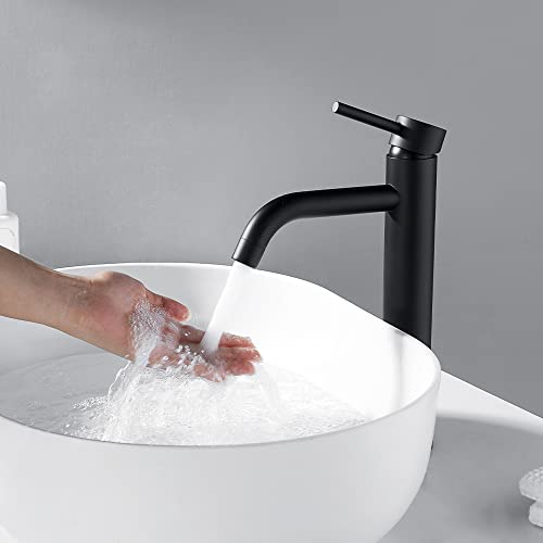 Grifo lavabo Decaura, grifos caño alto lavabo monomando para lavabo de baño, negro matt