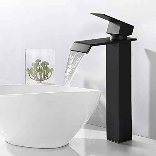 HOMELODY Grifo Lavabo Cascada Negro, Grifo Baño Grifos Lavabos Alto Mezclador Monomando para Lavabo, Grifo de Cascada Para Lavabo Agua Caliente y Fría Ajustable