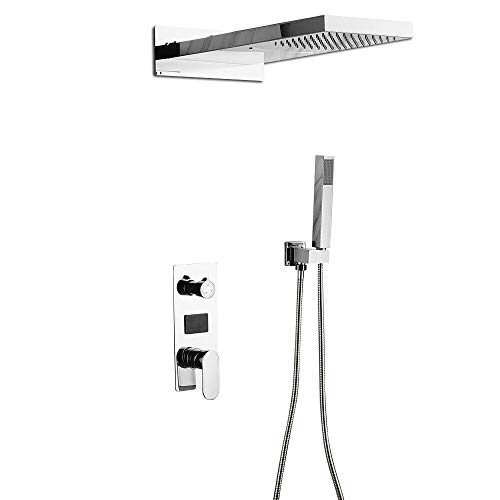 Sistema de ducha empotrado de latón, pantalla digital, grifo mezclador caliente y frío con cabezal de ducha, termostato, alcachofa de ducha (plata)