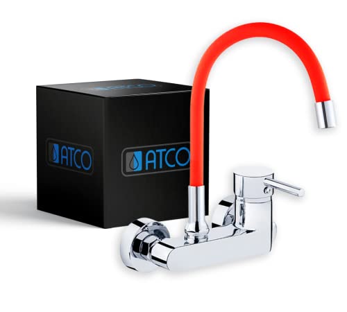 ATCO® - Grifo de pared para fregadero de cocina, grifo monomando, caño flexible, cromado y rojo