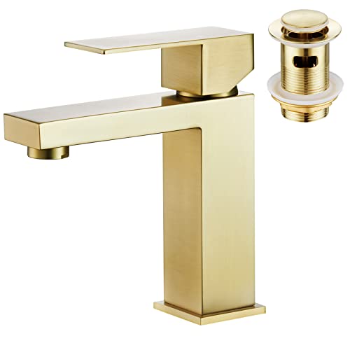 faustina Grifo de Lavabo y Fregadero Clic-clac Desagüe con Rebosadero para Baño, Grifo de Baño Mezcla dor Monomando Cuadrado con Vaciador Automático Acero Inoxidable, Dorado Cepillado