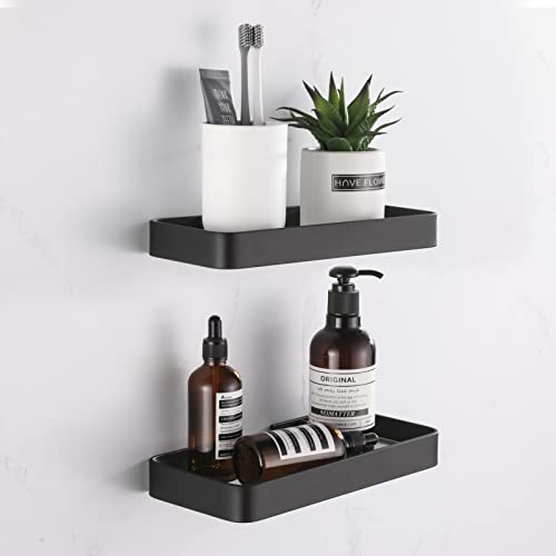 HANFU Estanteria Baño, Estante Ducha Sin Taladro de Estanteria Ducha Aluminio y Bandeja Rectangular de Vidrio, Ducha Cesta Autoadhesivo Montado Pared Organizador Estantería Baño 25cm 2 Piezas, Negro