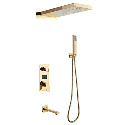 Sistema de ducha empotrado de latón, pantalla digital, grifo mezclador caliente y frío con cabezal de ducha, termostato, alcachofa de ducha (dorado)