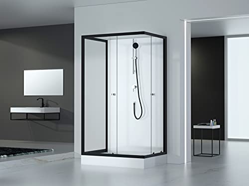 MARWELL Ducha completa de color blanco y negro, 80 x 110 x 200 cm, ducha de esquina con entrada frontal, cabina de ducha con perfiles de aluminio de alta calidad, altura de entrada de 15 cm