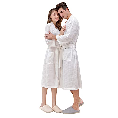 TDEOK Bata de baño para parejas de algodón, albornoz de pique corto, albornoz para sauna, albornoz corto, bata de sauna, bata de noche unisex para hotel, spa, Blanco, XL