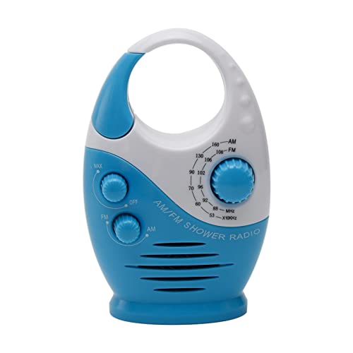 Radios de ducha, AM/FM, mini radio de ducha impermeable con mango superior, radio de baño colgante, altavoz integrado y volumen ajustable para baño, uso en interiores y exteriores (blanco + azul)