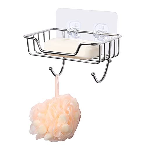 Jabonera de Acero Inoxidable, Uten Soporte para Jabonera, Jabonera de Ducha Sin Taladrar con 2 Ganchos, Autoadhesivo Accesorios de Baño Montados en la Pared, para Baño Bañera y Cocina-Plata