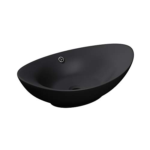 Mai & Mai Lavabo sobre encimera ovalado de cerámica 59x38.3x19.2cm en negro mate sin orificio para grifo lavabo con rebosadero BR818