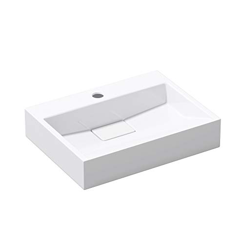 doporro® Lavabo sobre encimera blanco brillante de mármol fundido con válvula de desagüe 50x38x11cm Colossum19 lavabo rectangular suspendido con 1 orificio para grifo con nano revestimiento