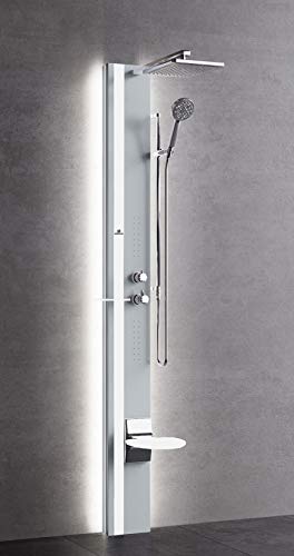 Novellini Line Columna de ducha con 1 luz LED hidro equipada con mezclador mecánico, color plateado, banda para el asiento blanco mate, alcachofa de ducha, estante portaobjetos, tamaño 22 x 57,5 x