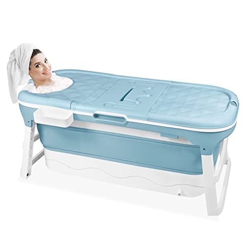 Froadp Bañeras Plegables Adultos Bañera Móviles para Bebés con Tapa y Estante y Barandillas Bañera de Ducha Plegable Independiente Portátil para Pequeños Baños Camping y Exterior (128x60x53cm)