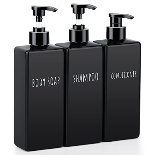 Segbeauty Dispensador de Jabón Cuadrado Negro, 3 Piezas 500ml Recargable Botella de Bomba de loción líquido, con Etiqueta Impermeable, para Baño, Hoteles