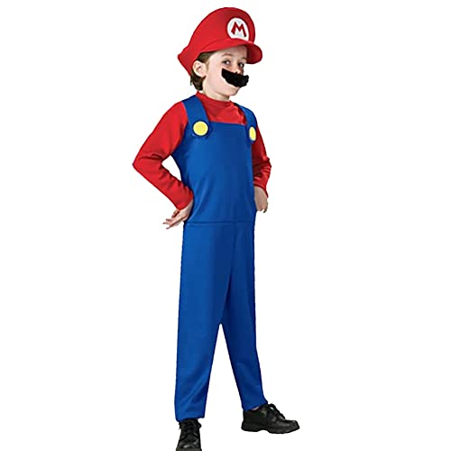 Amycute Disfraz de Super Mario Bros Cosplay para Niños Adultos, Mario Classic Traje con sombrero y bigote para Carnaval, Halloween, Disfraces (M, rojo chico)