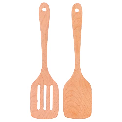 Juego de 2 Piezas de Espátula de Madera, Juego de Utensilios de Cocina Antiadherentes Ecológicos de Madera Natural para Cocina Casera, ncluye Espátula Plana y Espátula Ranurada