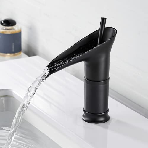 Solepearl Grifo Lavabo Cascada Corto, Moderno Grifos Cascada de Baño, Negro Mate Mezclador Grifo de Lavabo Latón Monomando,G 3/8'' (Negro)