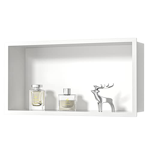 Bernkot Armario de ducha de acero inoxidable, 60 x 30 x 10 cm, organizador para cuarto de baño, no necesita baldosas, color blanco
