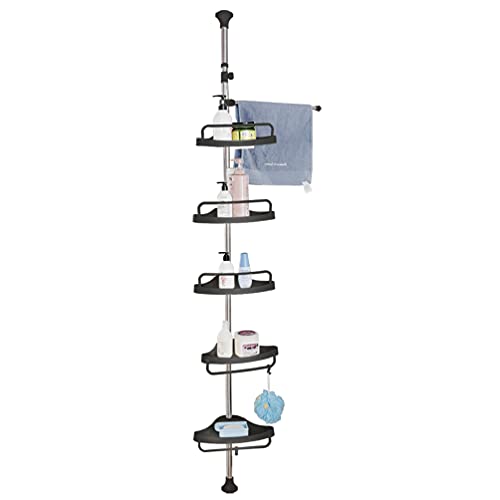 BAOYOUNI Estante de Ducha Esquina Telescópica Sin Taladrar Estantería para Baño y Bañera con 5 Baldas, 3 Ganchos, 1 Toallero, Plástico y Metal, Altura Ajustable 185 a 240 cm o 255 a 310 cm, Negro