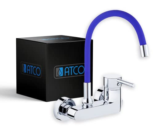 ATCO® - Grifo de pared para fregadero de cocina, grifo monomando para fregadero, caño flexible, cromado y azul índigo