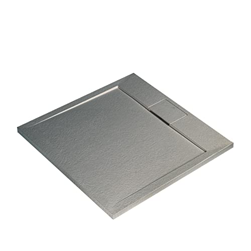 Ideal Standard - Ultra Flat S i.life, Plato de ducha cuadrado 70x70 de resina, desagüe con desagüe oculto, acabado mate efecto piedra, gris cemento