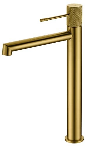IMEX - Grifo monomando lavabo de caño alto, Grifería Baño agua Frio/Caliente - Serie Line Oro Cepillado - BDD038-3OC